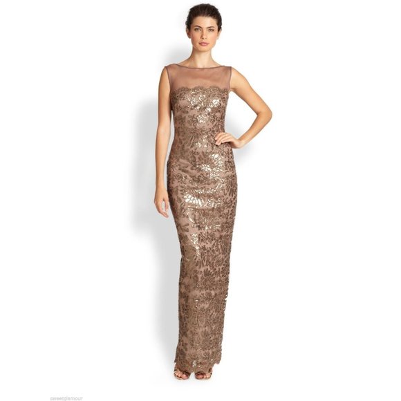 Tadashi Shoji Mocha Mesh Illusion Sequin Lace Gown - Picture 1 of 14